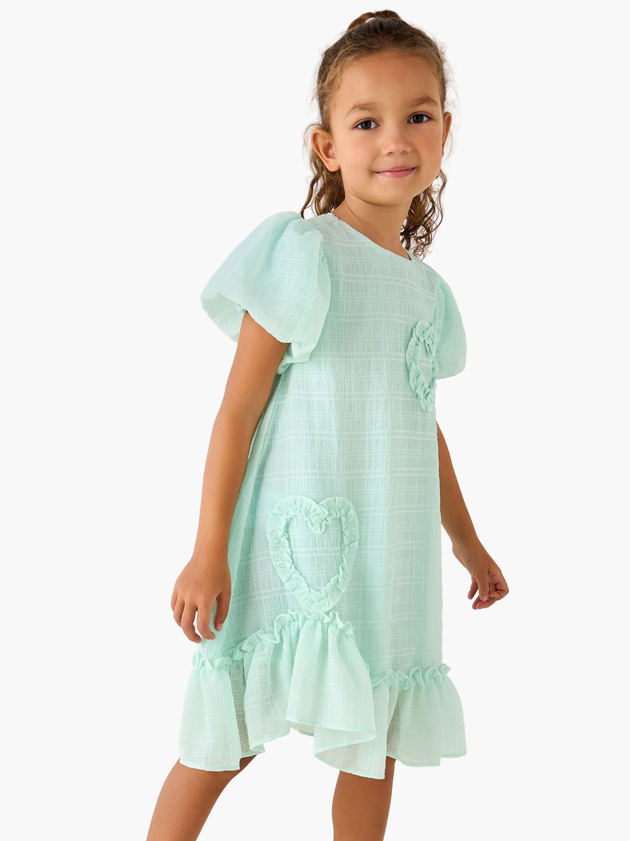Round Neck Balloon Sleeve Dress with Heart Applique