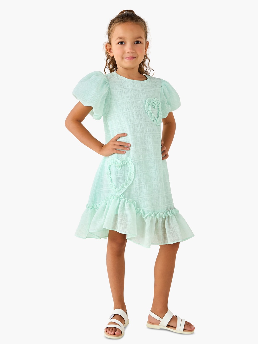 Round Neck Balloon Sleeve Dress with Heart Applique