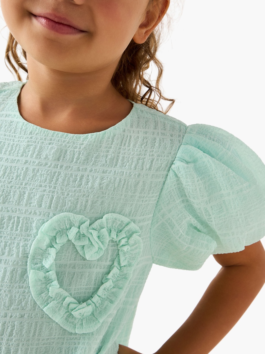 Round Neck Balloon Sleeve Dress with Heart Applique