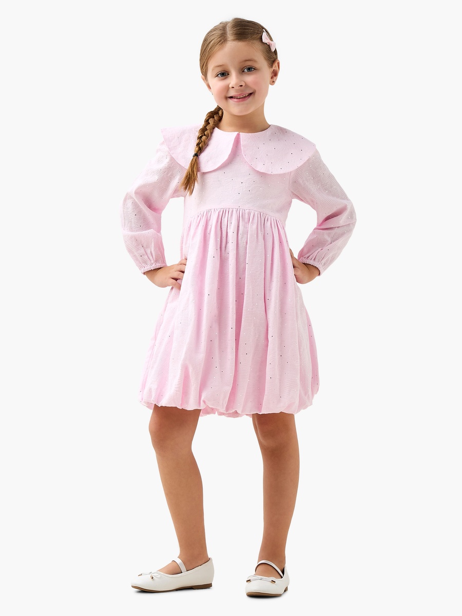 Collared Long Sleeves A-Line Dress with Sequin Embellishment