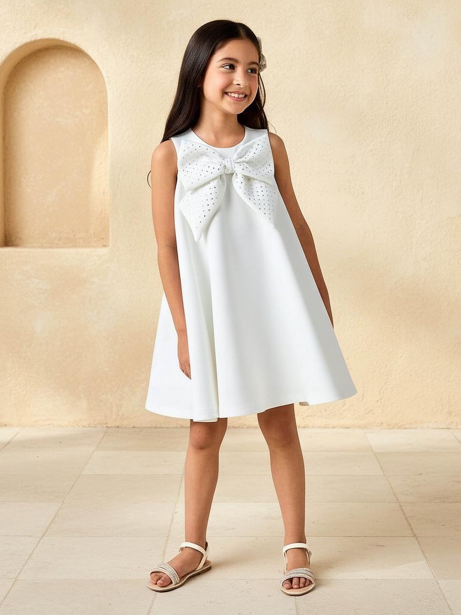 Round Neck Sleeveless Dress with Bow Embellishment