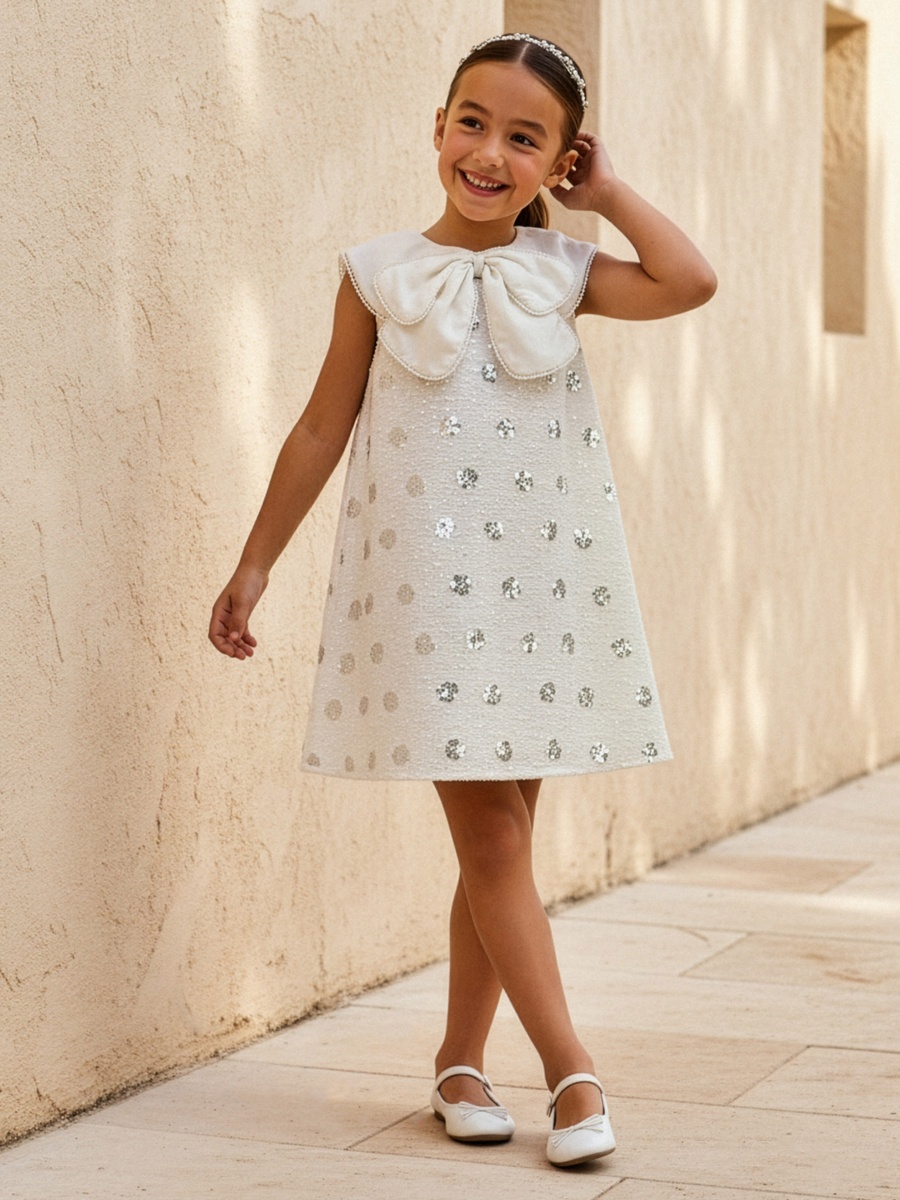Round Neck Sleeveless A-Line Dress with Bow Collar Sequin Detail