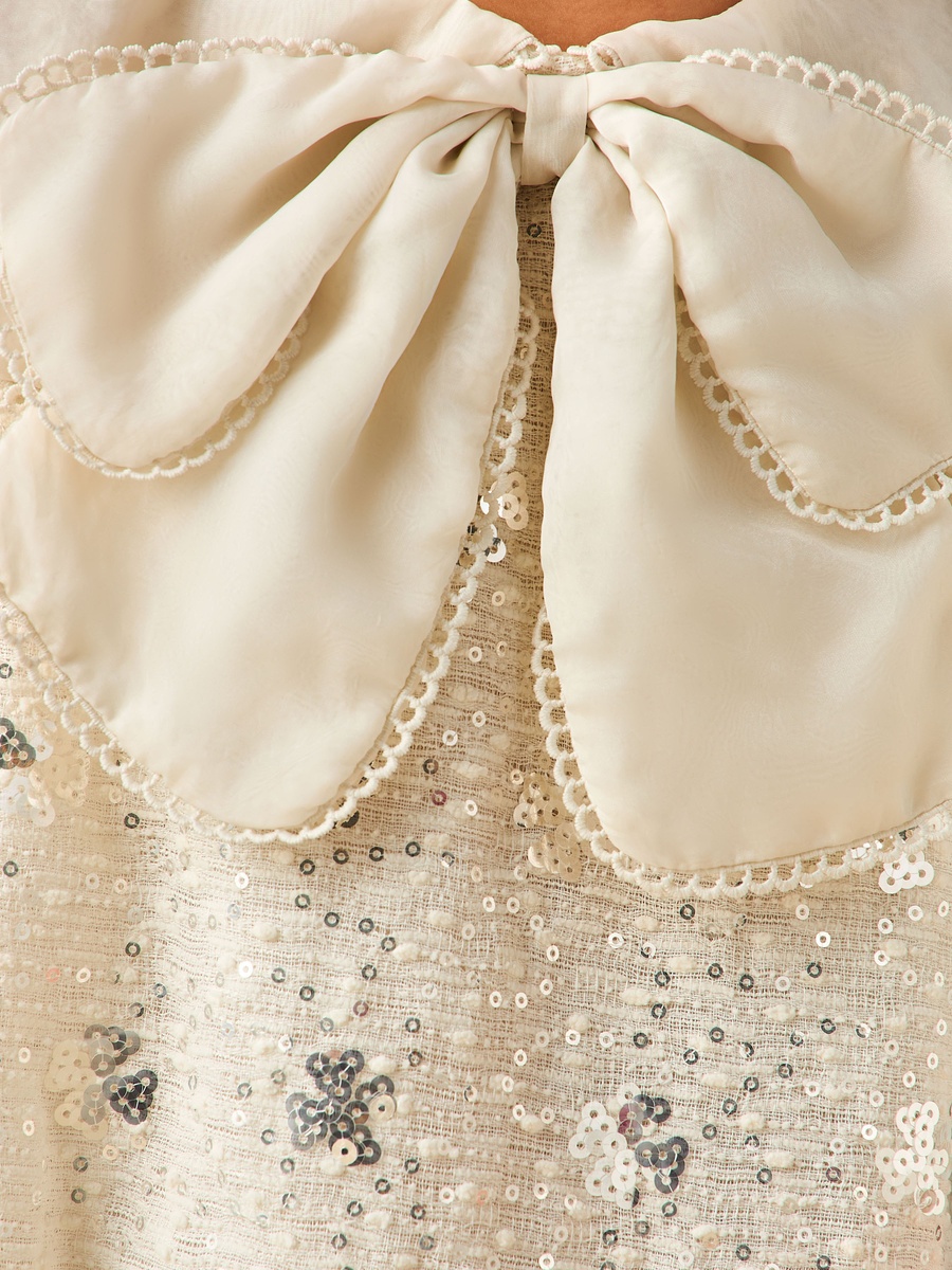 Round Neck Sleeveless A-Line Dress with Bow Collar Sequin Detail