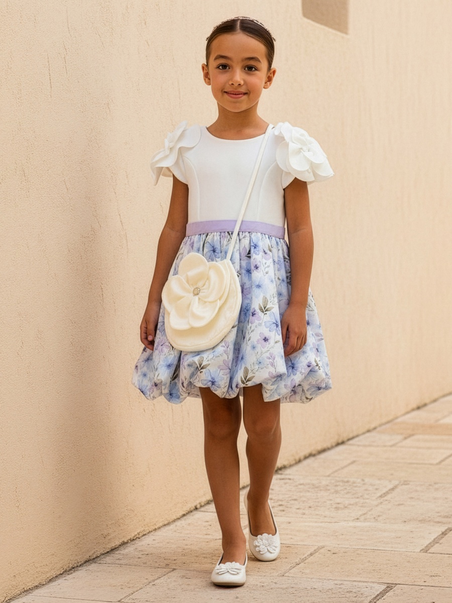 Round Neck Short Sleeves Balloon Dress and Crossbody Bag with Floral Print