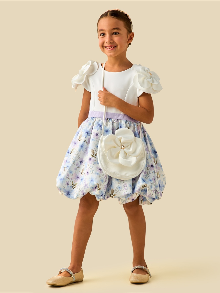 Round Neck Short Sleeves Balloon Dress and Crossbody Bag with Floral Print