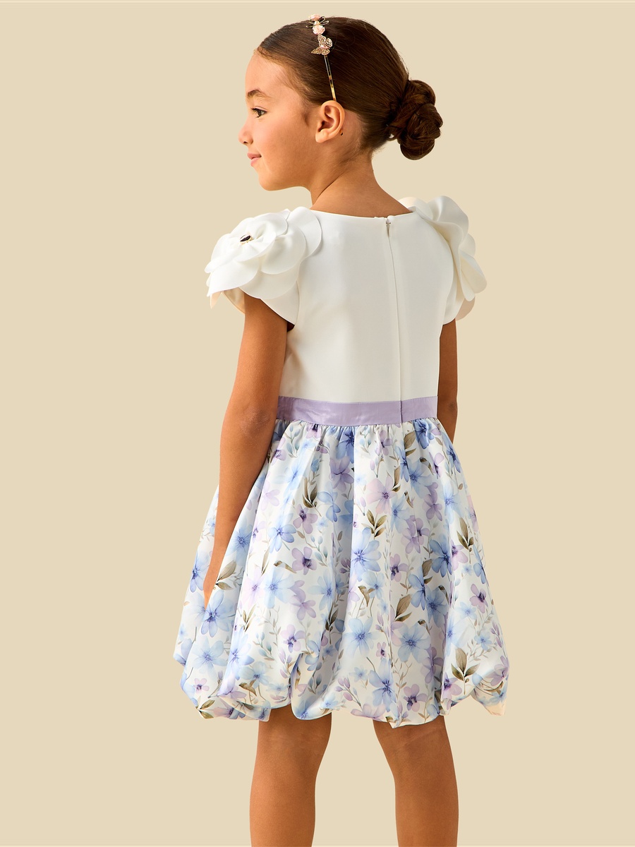 Round Neck Short Sleeves Balloon Dress and Crossbody Bag with Floral Print