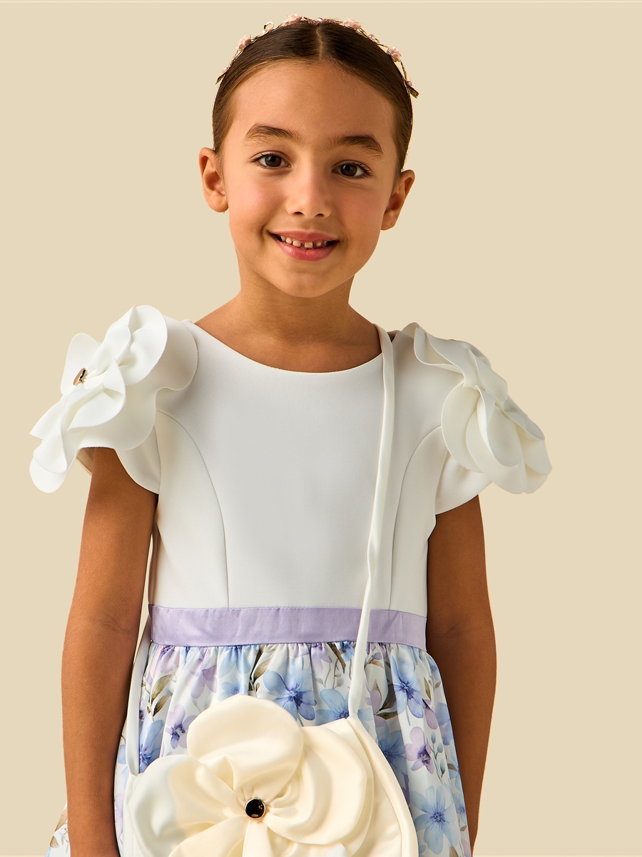 Round Neck Short Sleeves Balloon Dress and Crossbody Bag with Floral Print