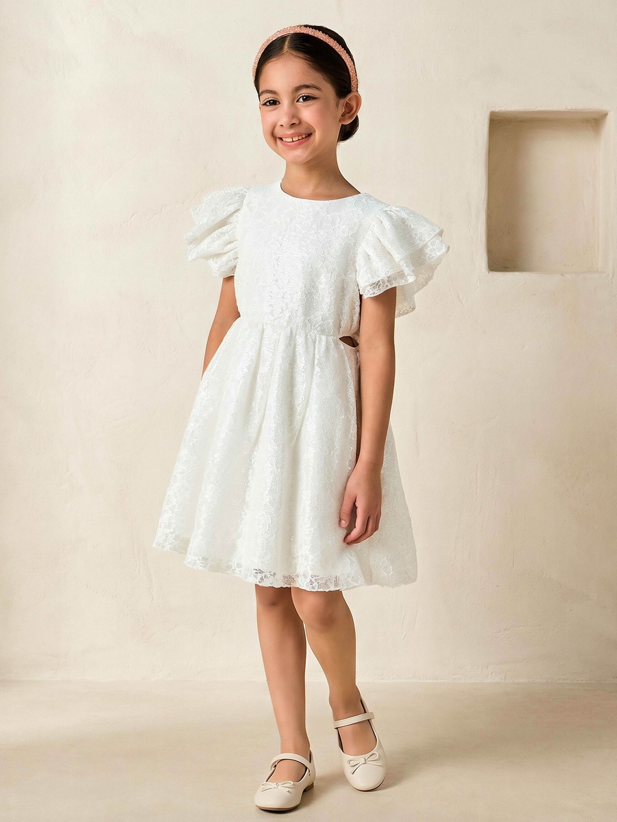 Round Neck Short Sleeves A-Line Dress with Sequin Embellishments