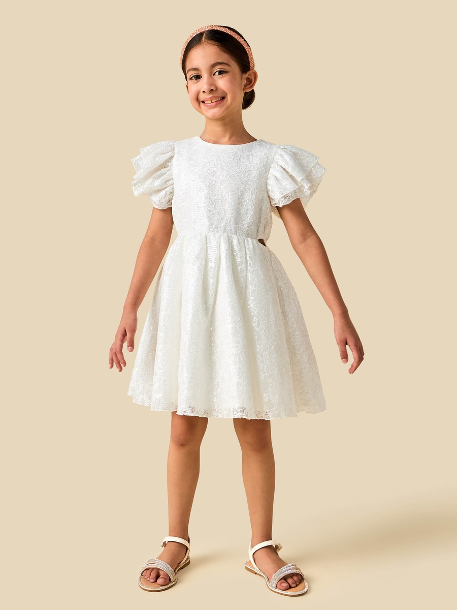 Round Neck Short Sleeves A-Line Dress with Sequin Embellishments