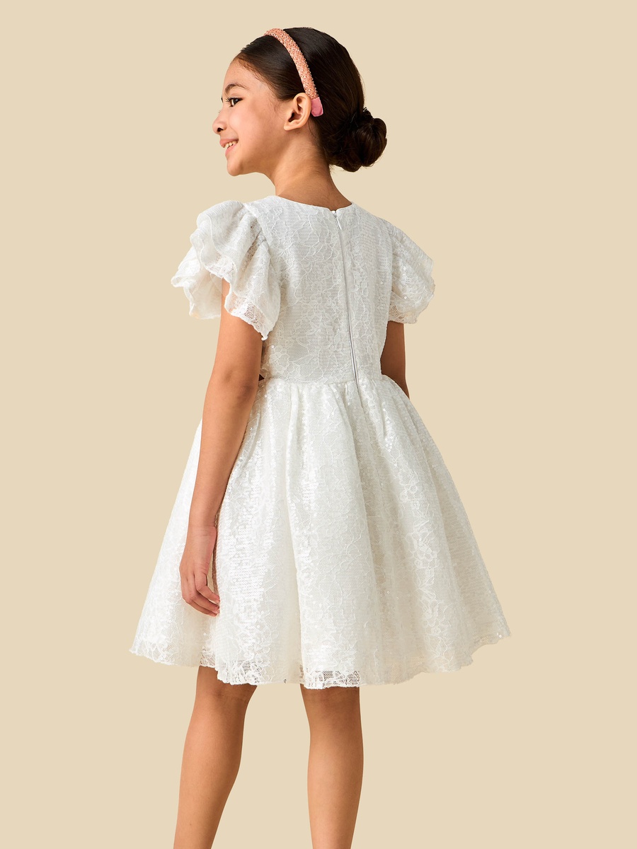 Round Neck Short Sleeves A-Line Dress with Sequin Embellishments