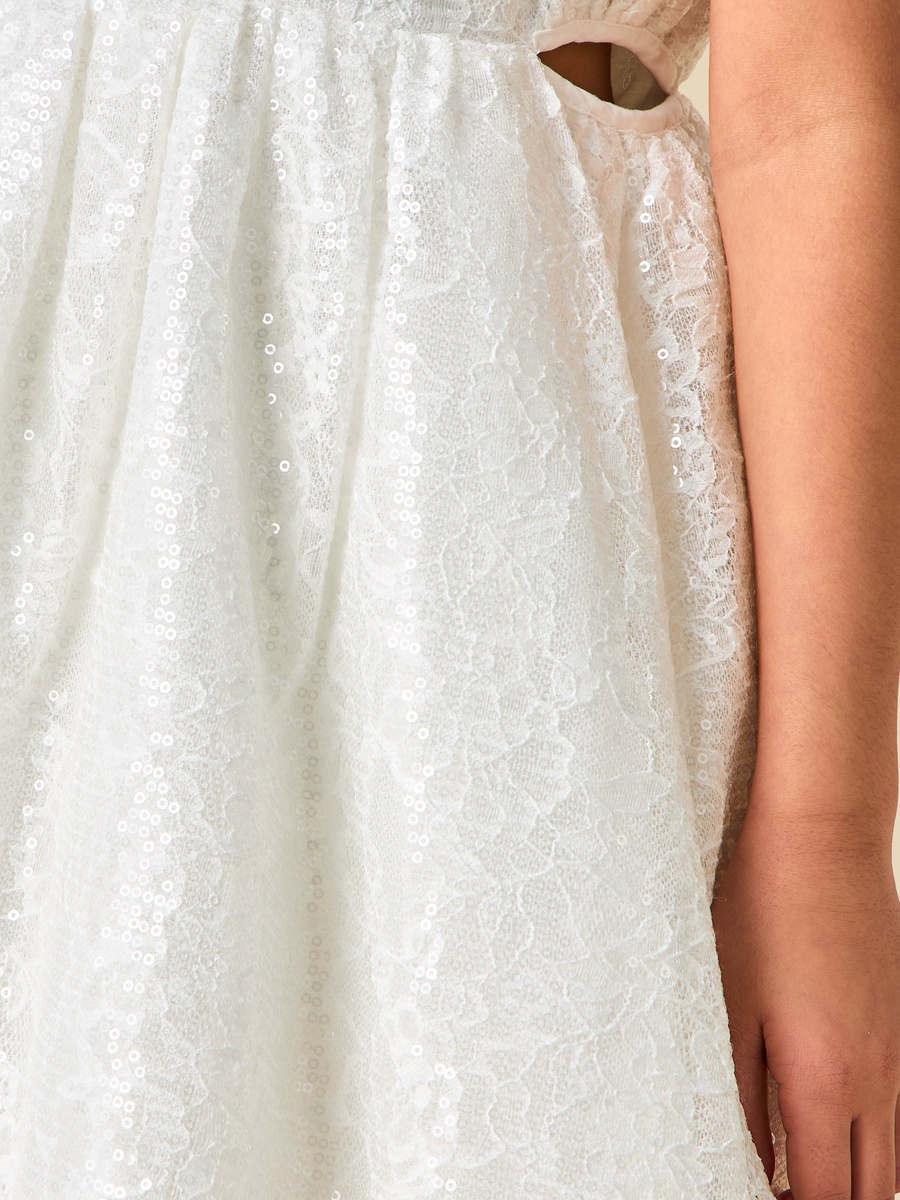Round Neck Short Sleeves A-Line Dress with Sequin Embellishments