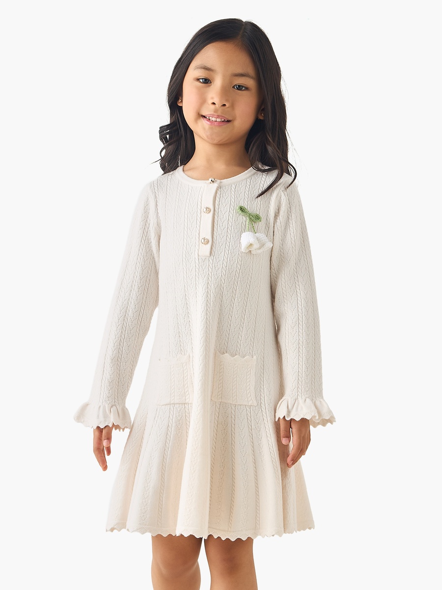 Henley Neck Long Sleeves Dress with Crochet Detail