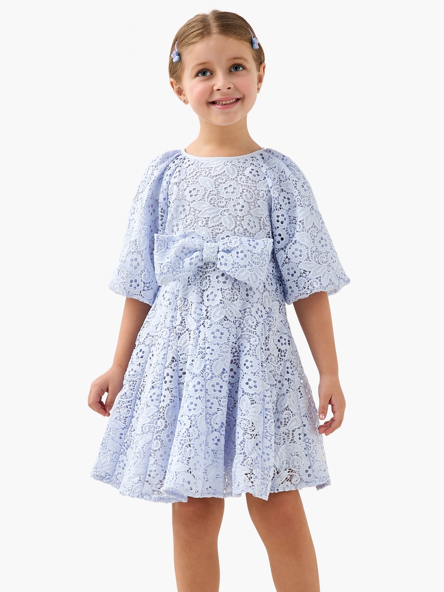 Round Neck Short Sleeves A-Line Dress with Floral Lace and Bow Accent