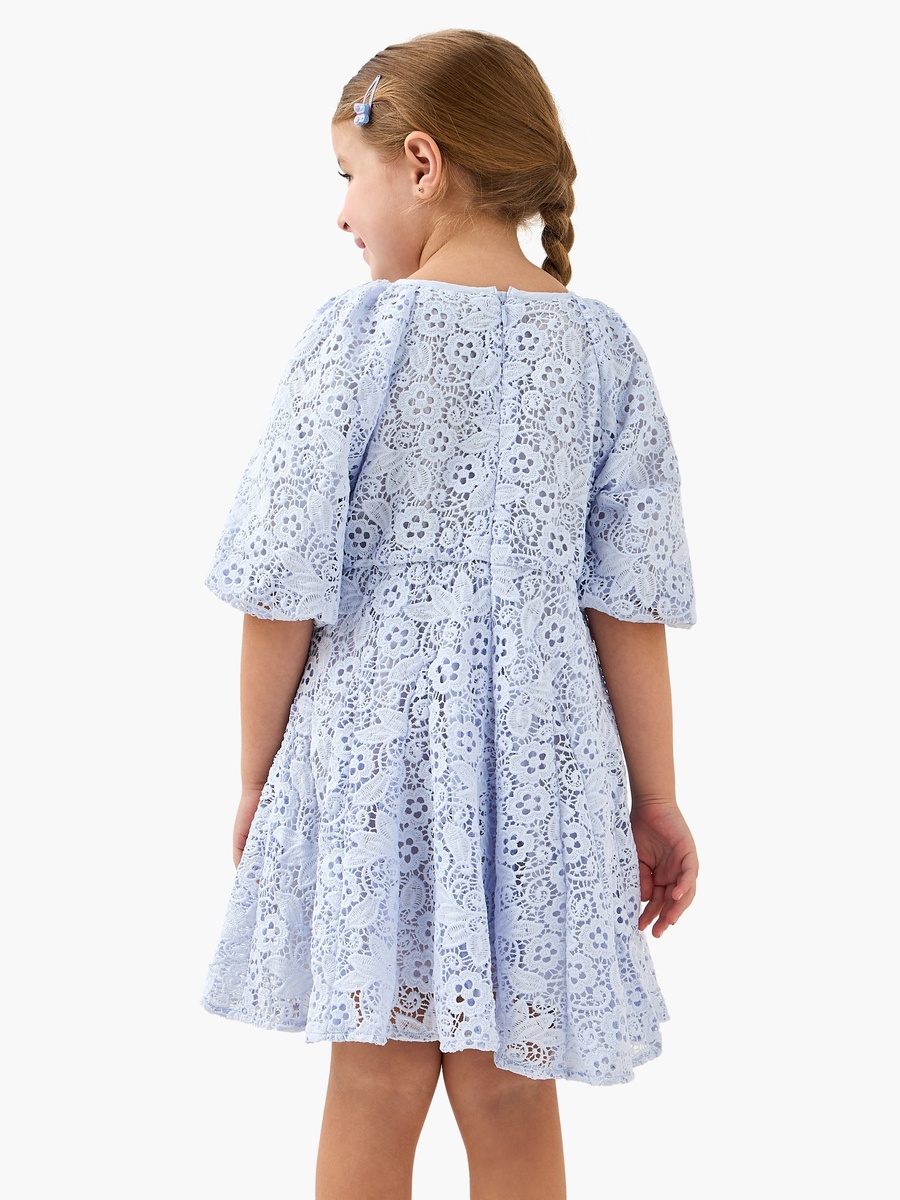 Round Neck Short Sleeves A-Line Dress with Floral Lace and Bow Accent