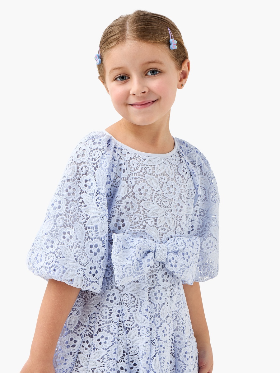 Round Neck Short Sleeves A-Line Dress with Floral Lace and Bow Accent
