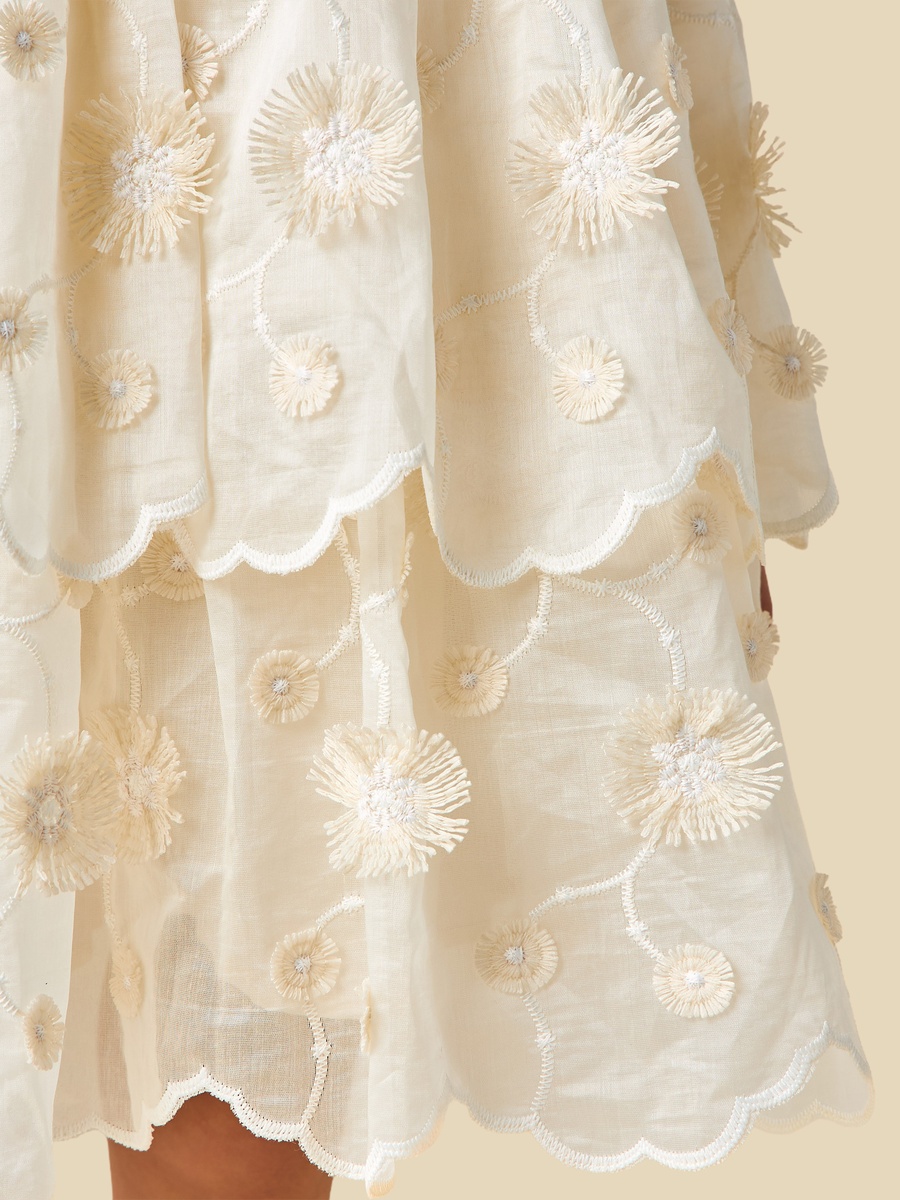 Ruffle Neck Sleeveless Tiered Dress with Embroidered Detail