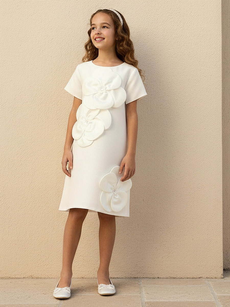 Round Neck Short Sleeves Dress with Floral Applique