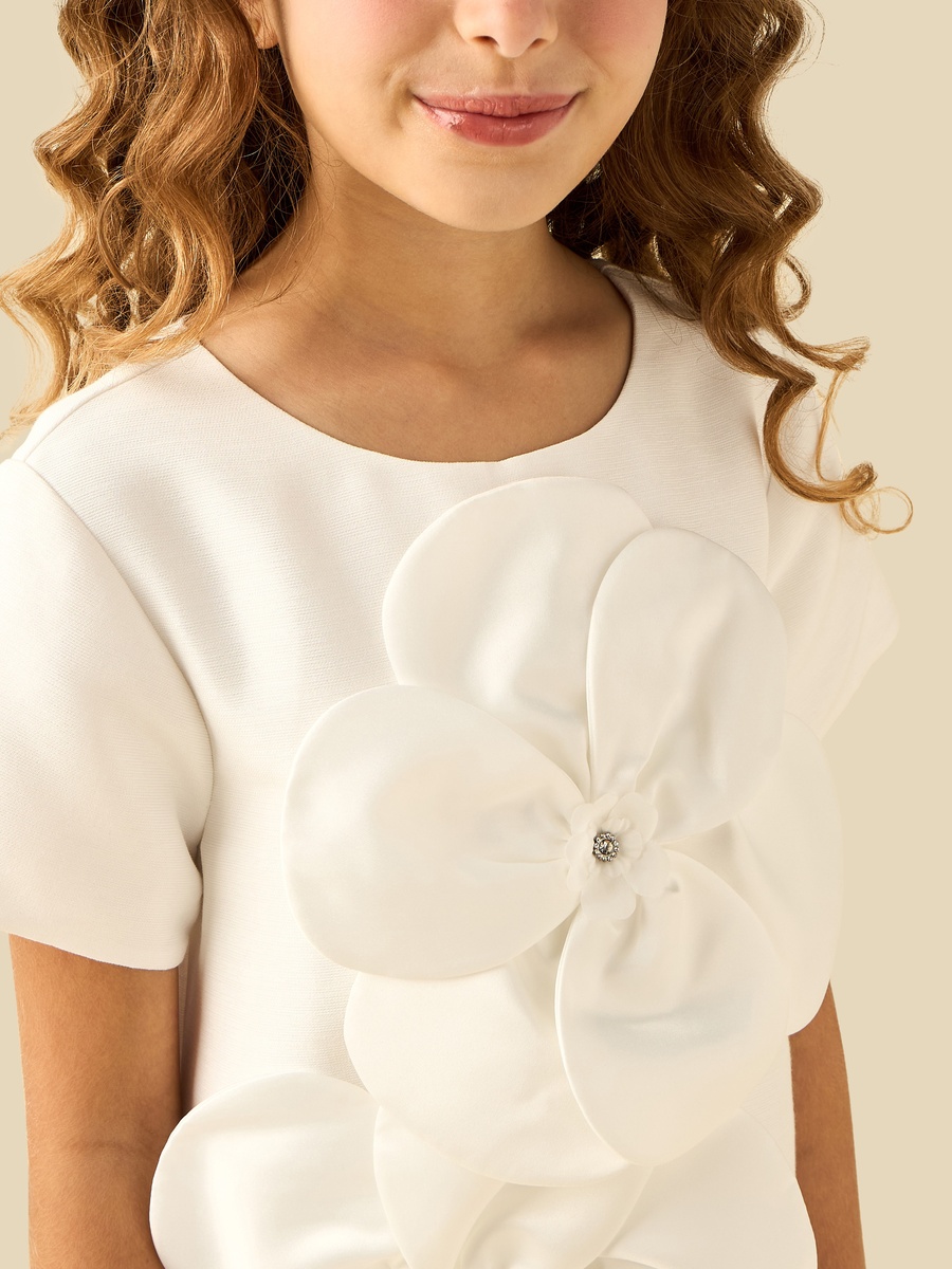 Round Neck Short Sleeves Dress with Floral Applique