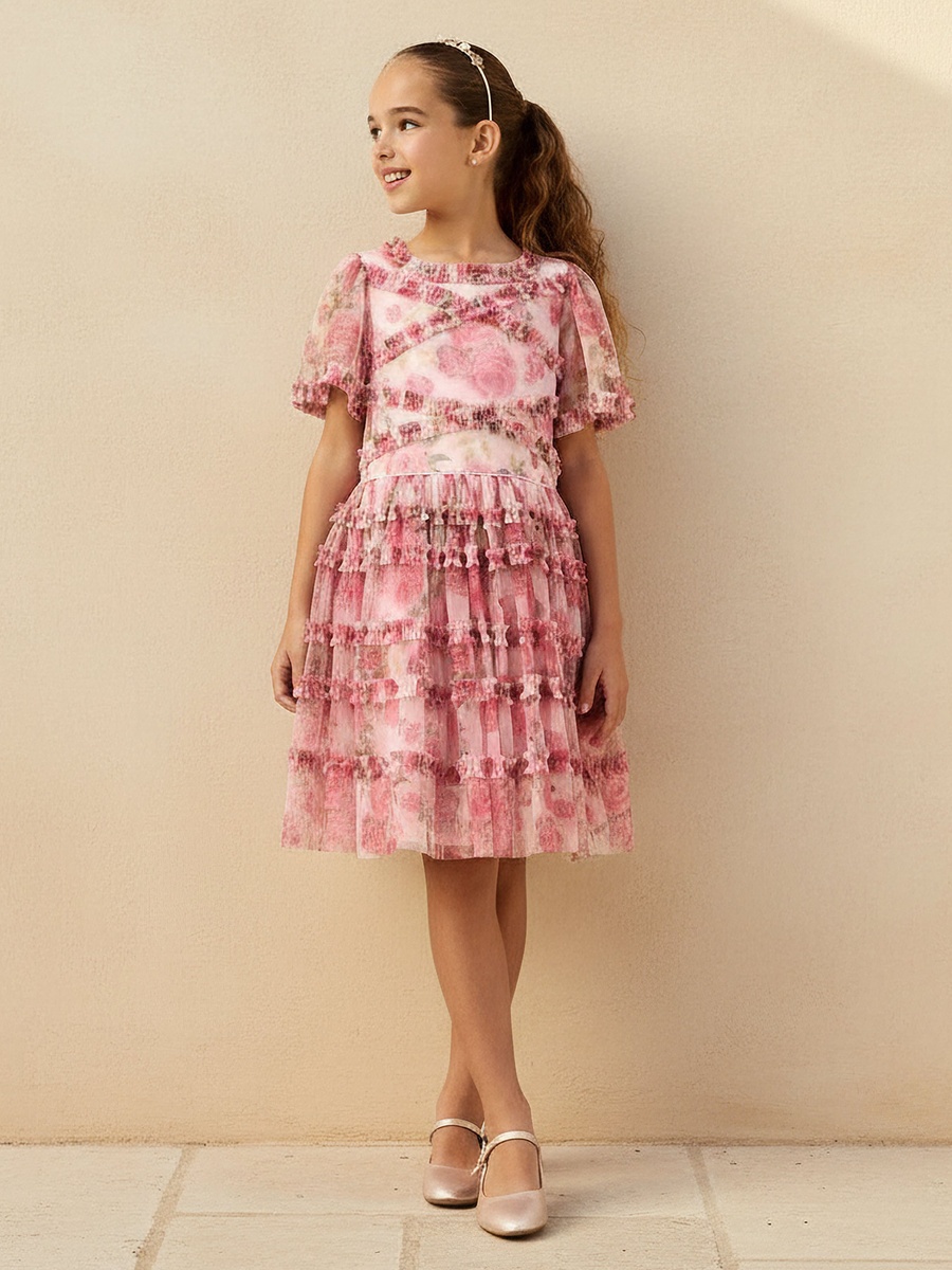 Round Neck Short Sleeves Tiered Dress with Ruffle and Floral Print