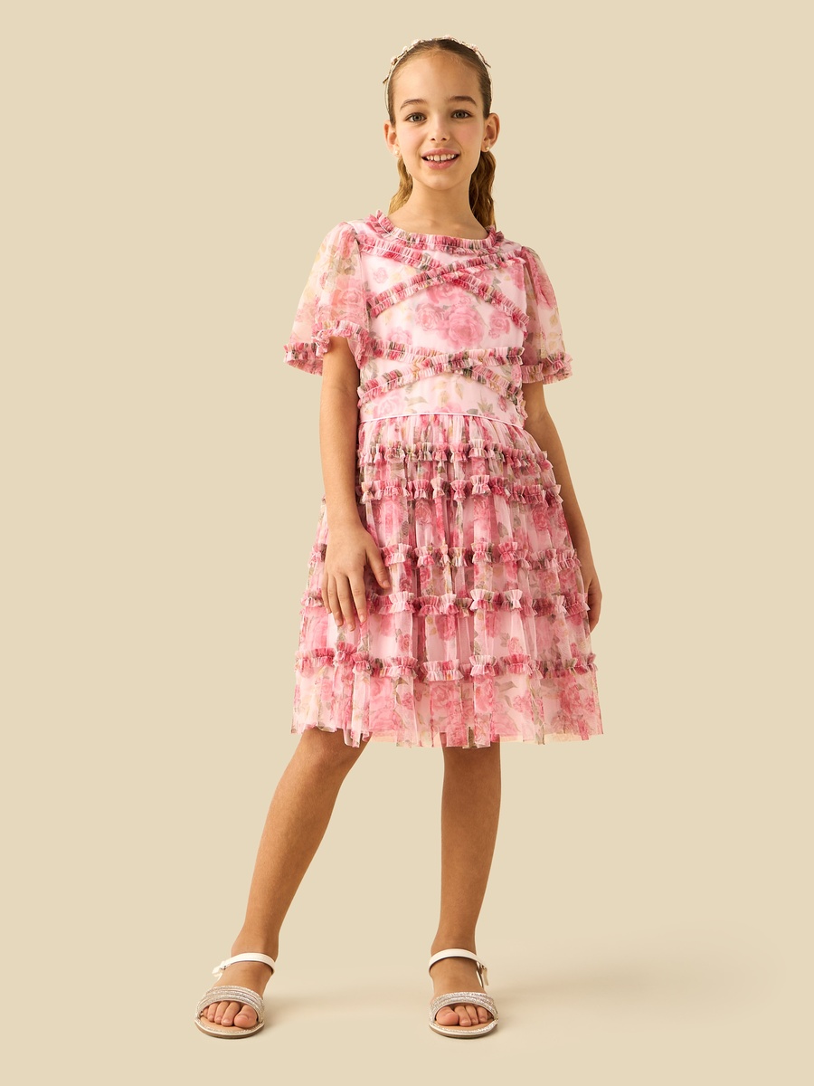Round Neck Short Sleeves Tiered Dress with Ruffle and Floral Print