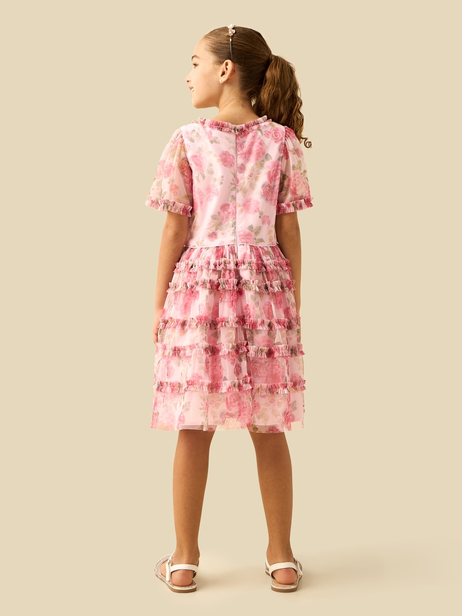 Round Neck Short Sleeves Tiered Dress with Ruffle and Floral Print