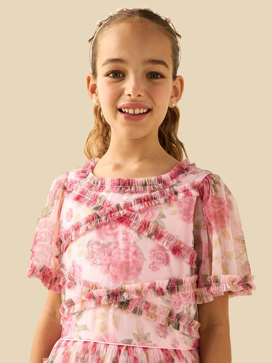 Round Neck Short Sleeves Tiered Dress with Ruffle and Floral Print