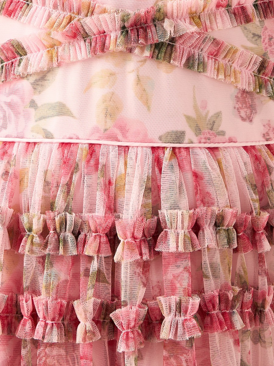 Round Neck Short Sleeves Tiered Dress with Ruffle and Floral Print