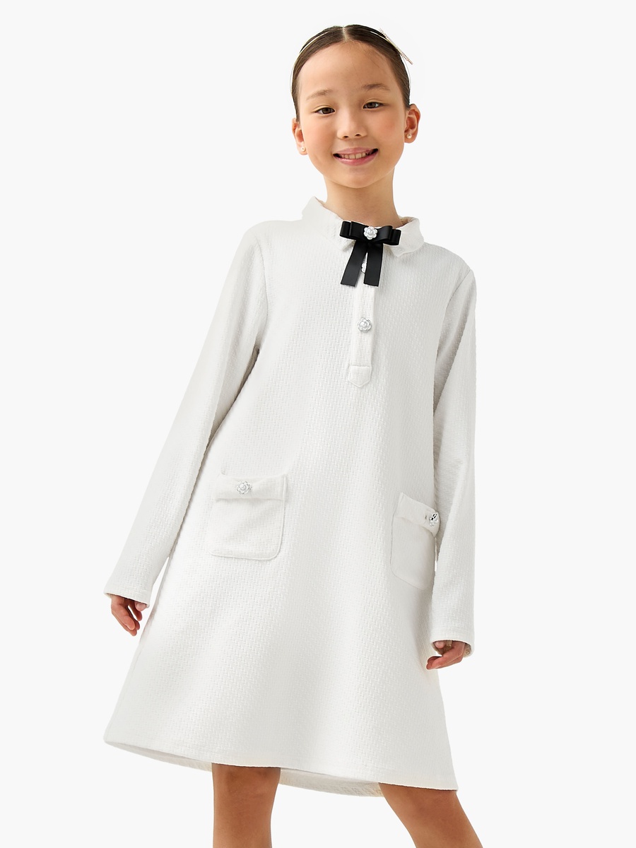 Collared Long Sleeves A-Line Dress with Bow Applique