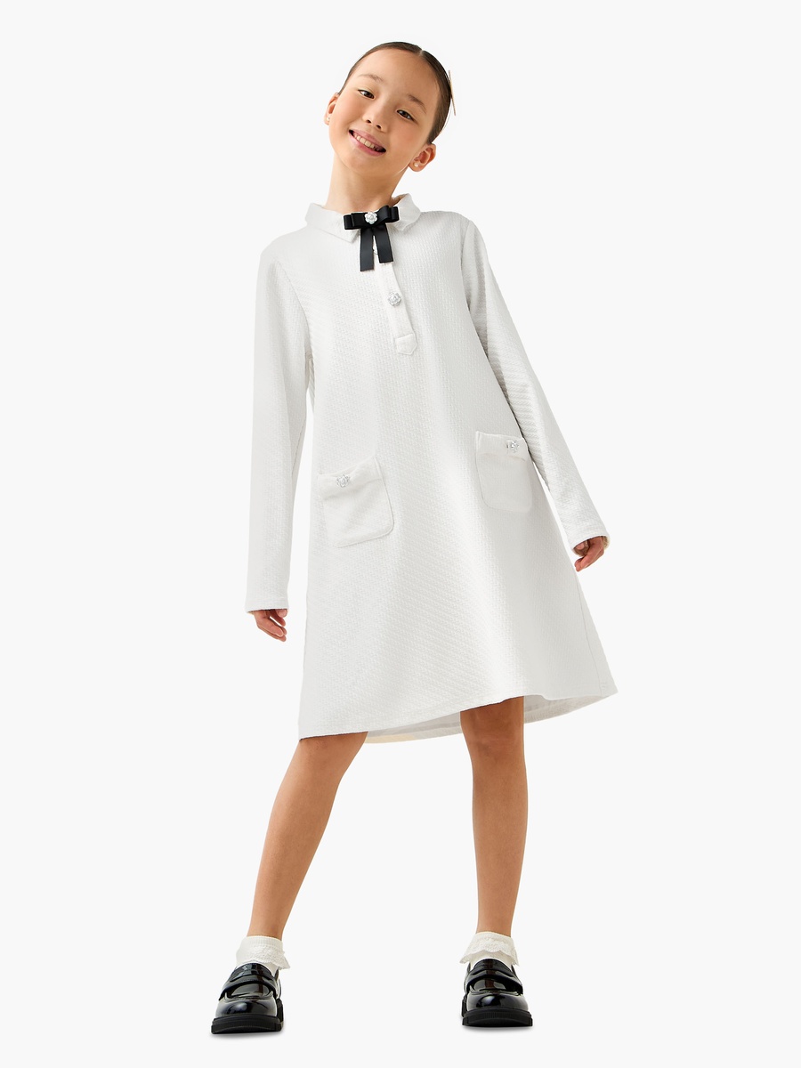 Collared Long Sleeves A-Line Dress with Bow Applique
