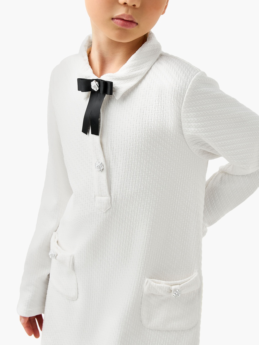Collared Long Sleeves A-Line Dress with Bow Applique