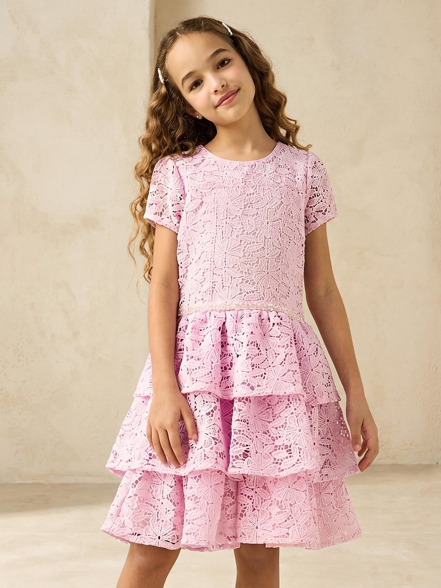 Round Neck Short Sleeves Tiered Dress with Zip Closure