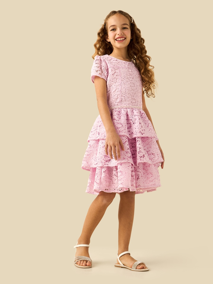 Round Neck Short Sleeves Tiered Dress with Zip Closure