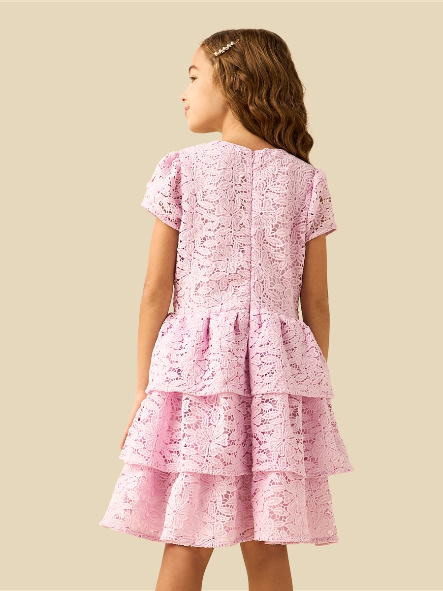 Round Neck Short Sleeves Tiered Dress with Zip Closure