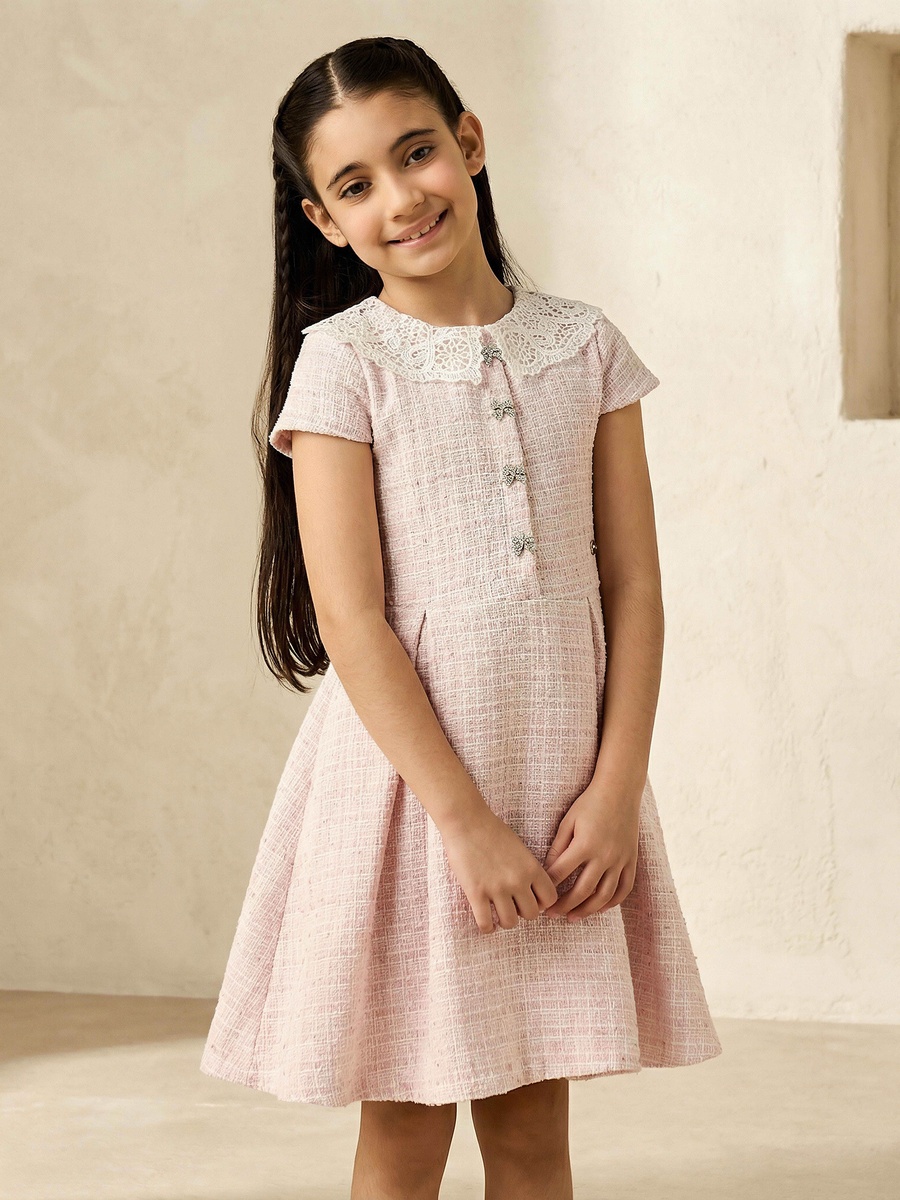 Peter Pan Collar Short Sleeves A-Line Dress with Pleats For Default Category at Bahrain | Styli Peter Pan Collar Short Sleeves A-Line Dress with Pleats For Default Category at Bahrain | Styli