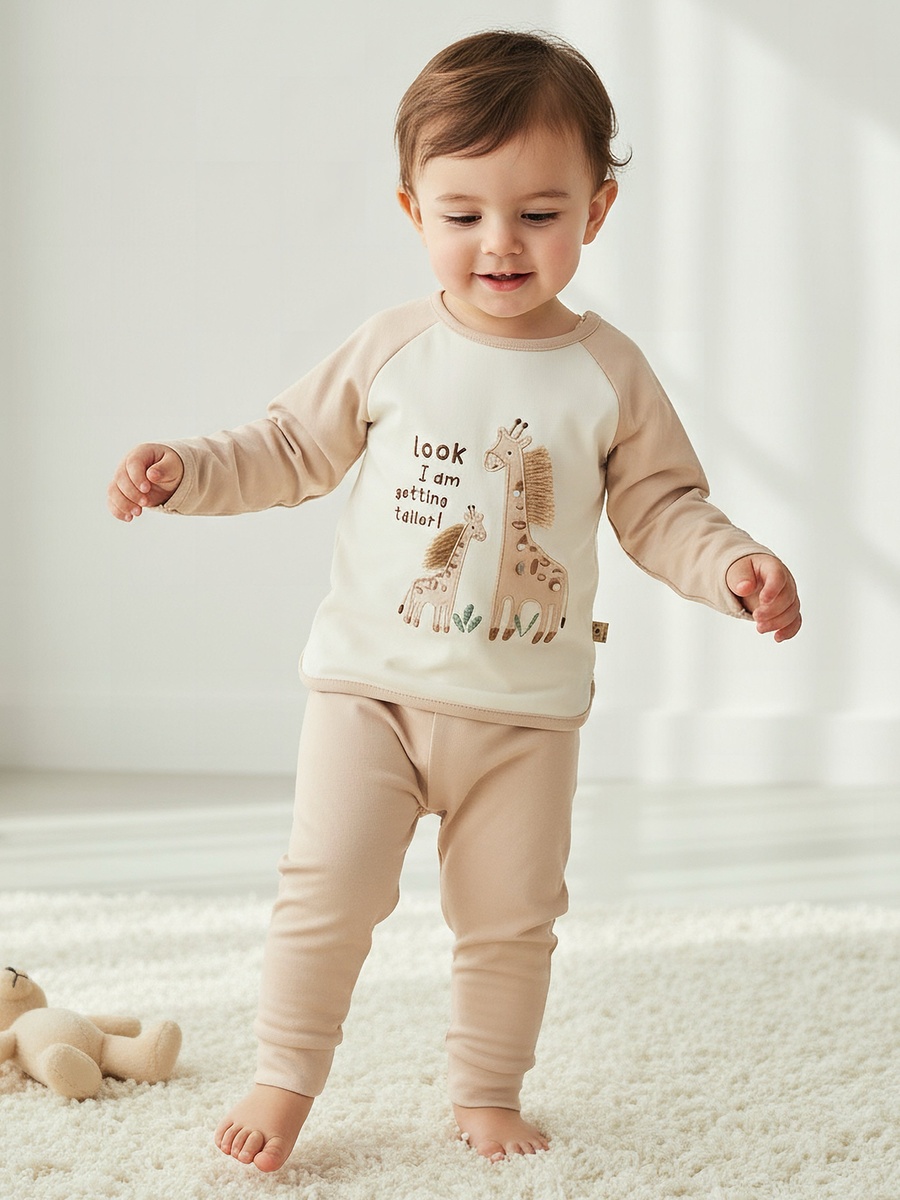 Cotton Long Sleeves Pyjama Set with Giraffe Applique