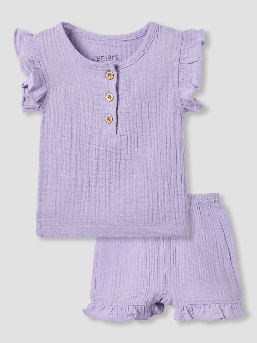 Cotton Round Neck Cap Sleeves T-Shirt and Shorts Set with Ruffles