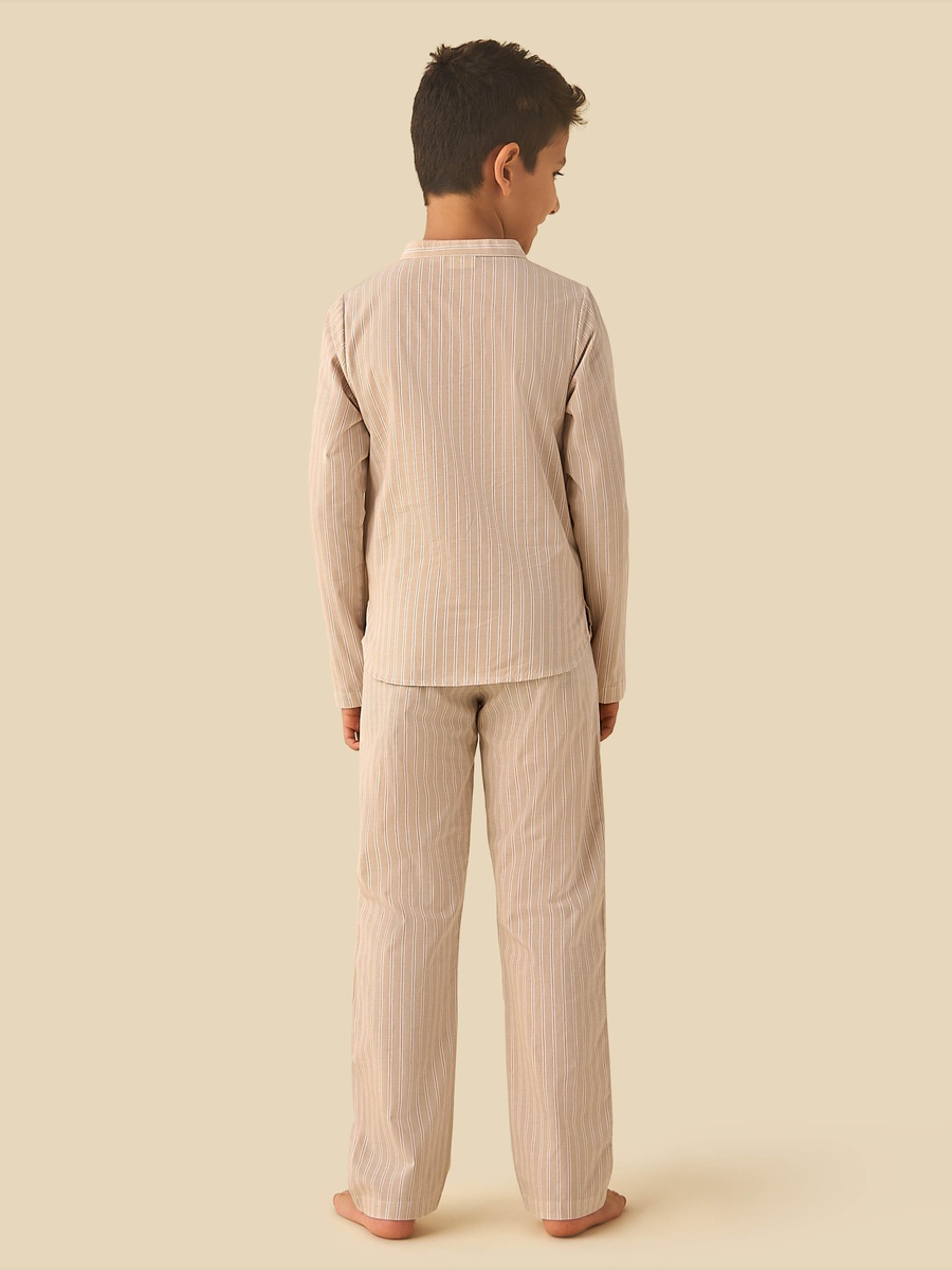 Cotton Mandarin Collar Long Sleeves Pyjama Set with Stripes