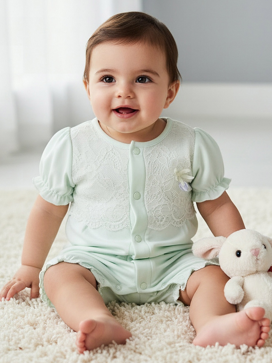 Round Neck Short Sleeves Romper with Lace Detail