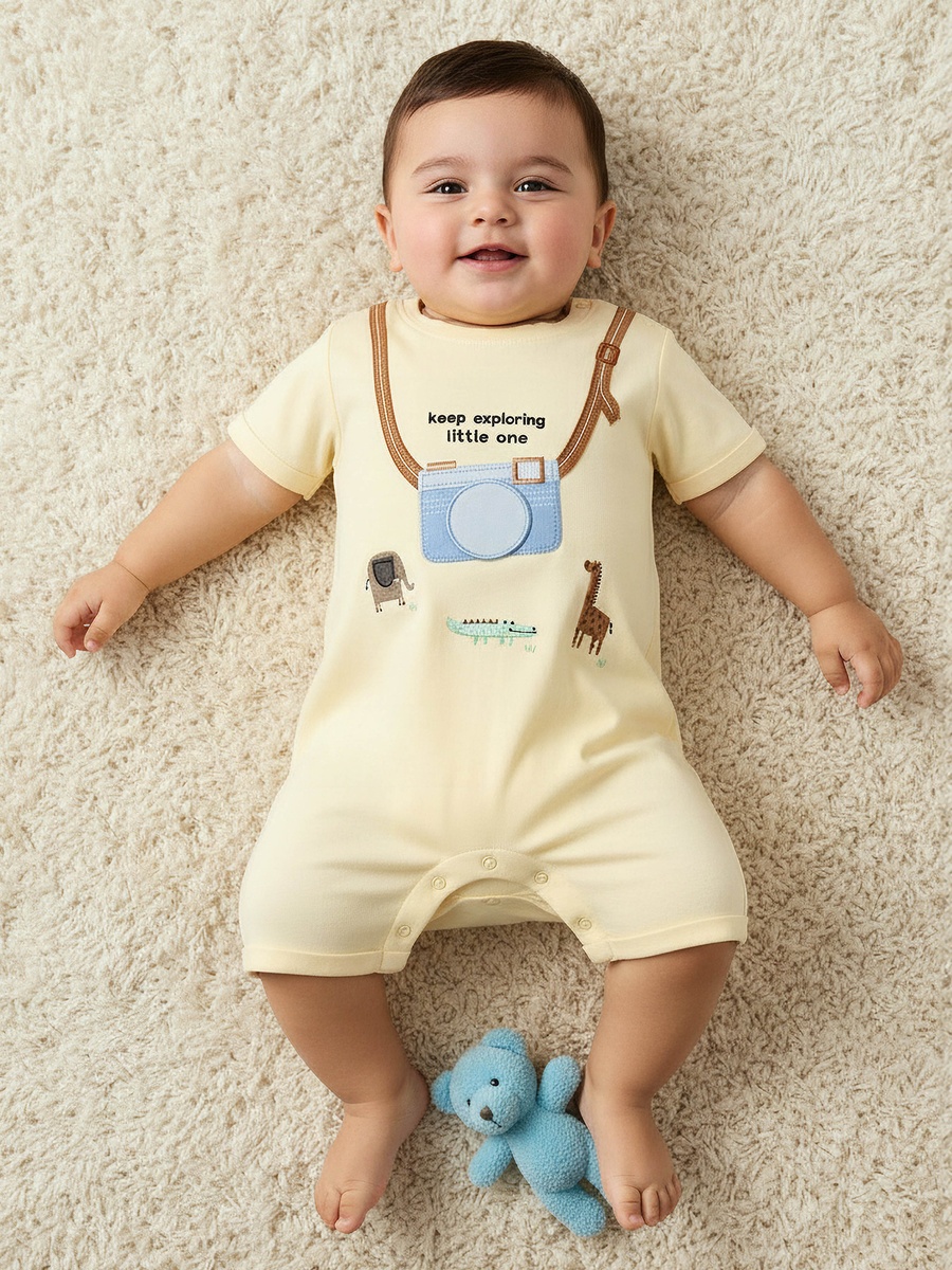 Crew Neck Short Sleeves Romper with Animal Embroidery