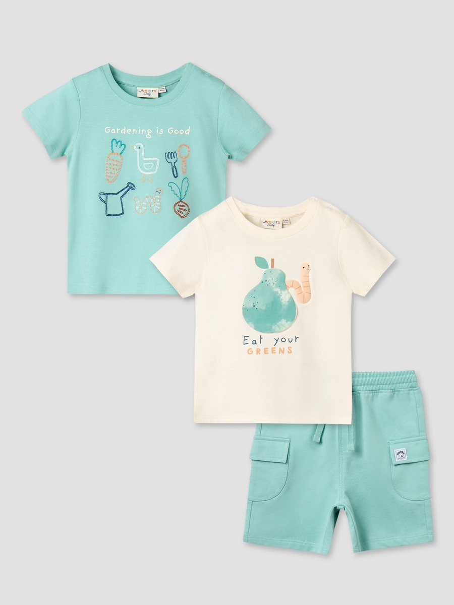 Pack of 3 Crew Neck Short Sleeves T-Shirt and Shorts Set with Print