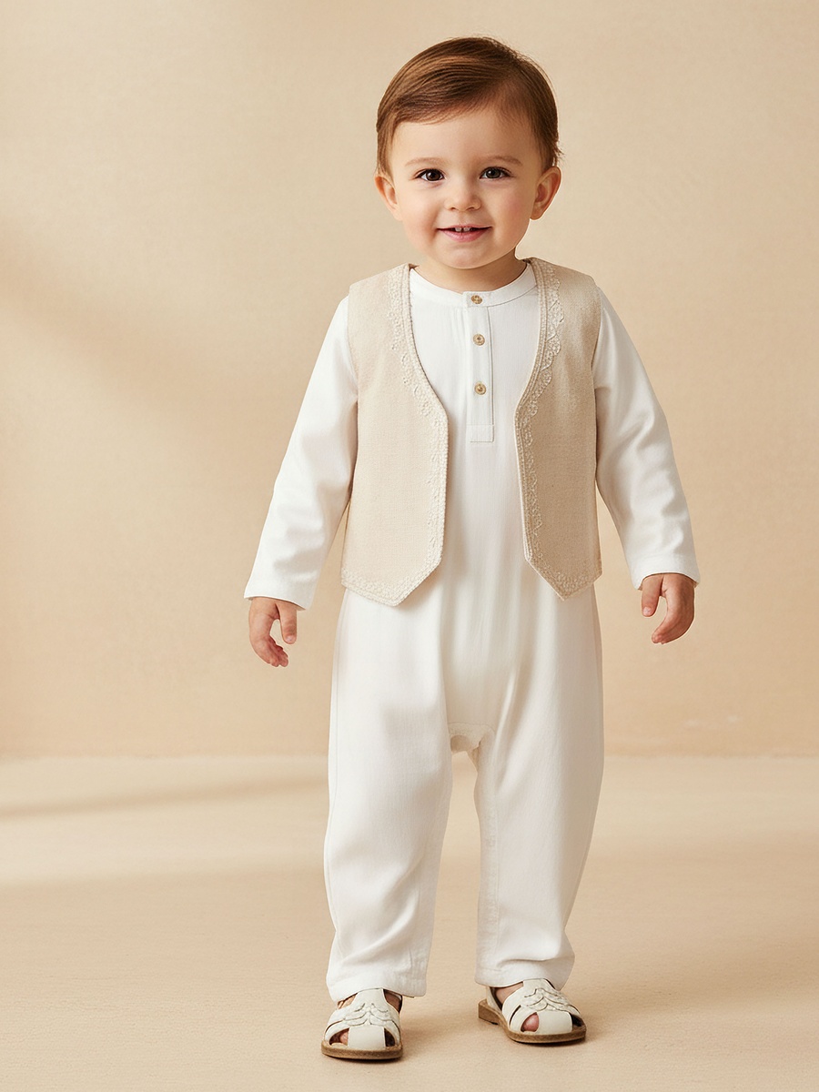 Mandarin Neck Long Sleeves Romper and Embroidered Waistcoat Set