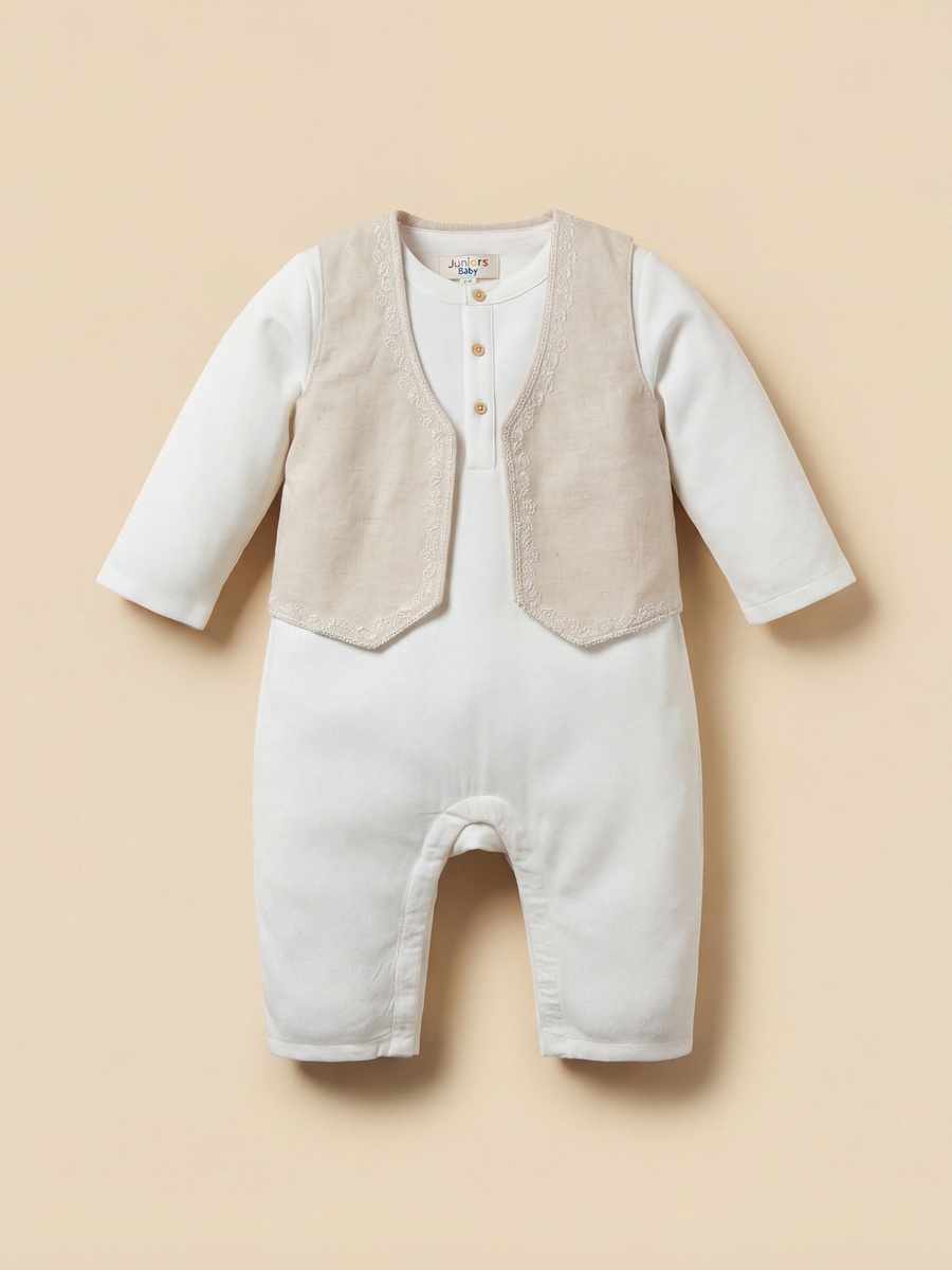 Mandarin Neck Long Sleeves Romper and Embroidered Waistcoat Set