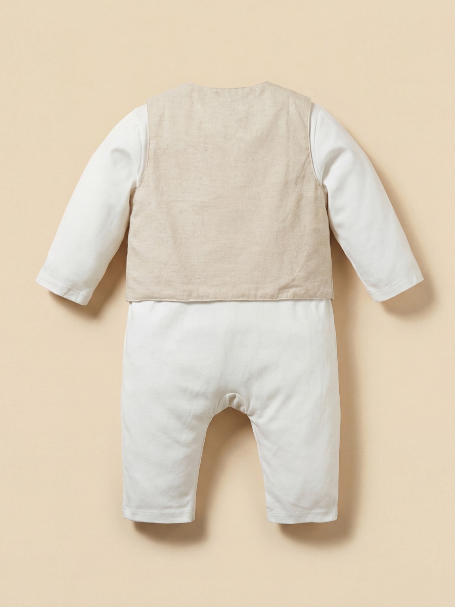 Mandarin Neck Long Sleeves Romper and Embroidered Waistcoat Set