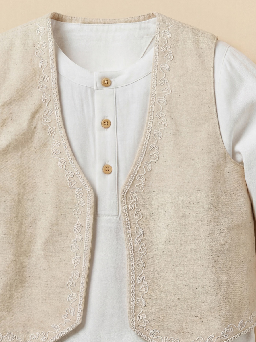 Mandarin Neck Long Sleeves Romper and Embroidered Waistcoat Set