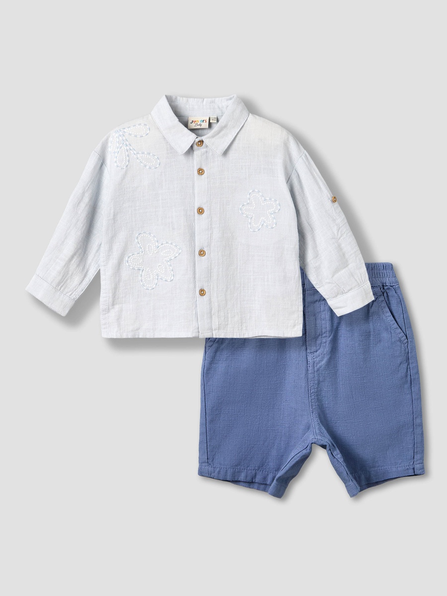 Collared Neck Long Sleeve Shirt and Shorts Set with Pockets