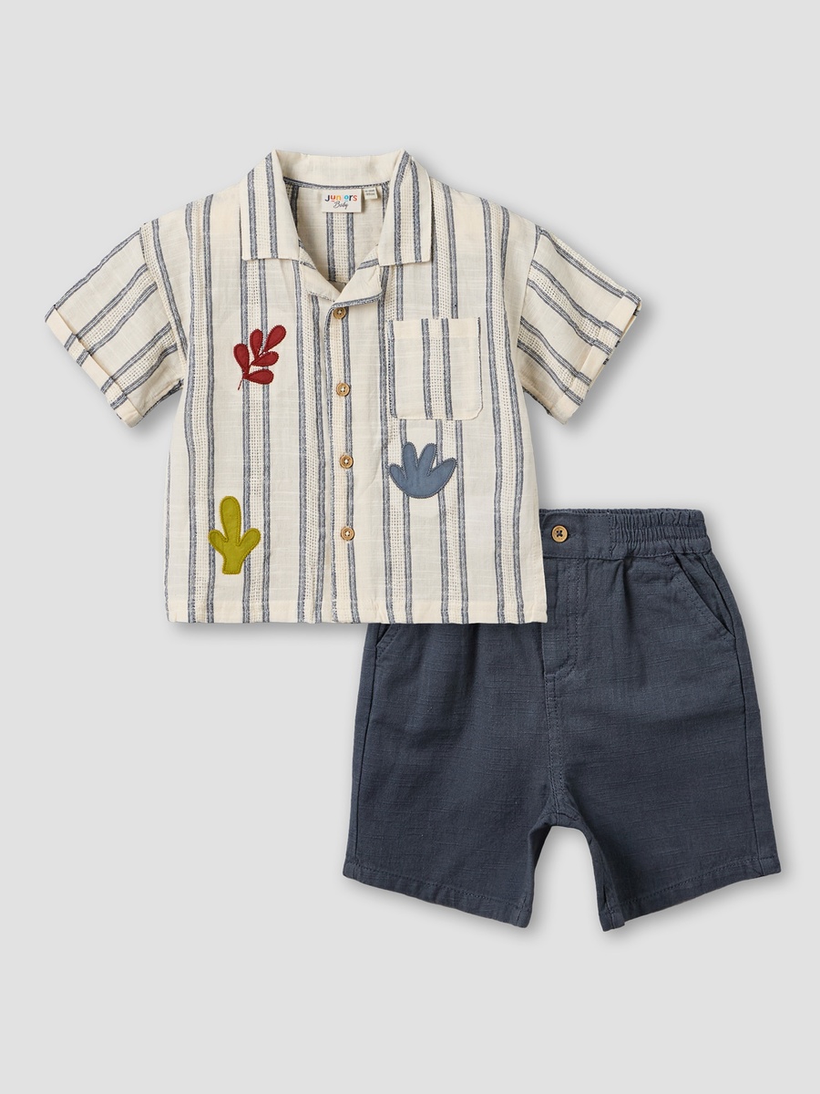 Collared Neck Short Sleeves Shirt and Shorts Set with Pockets