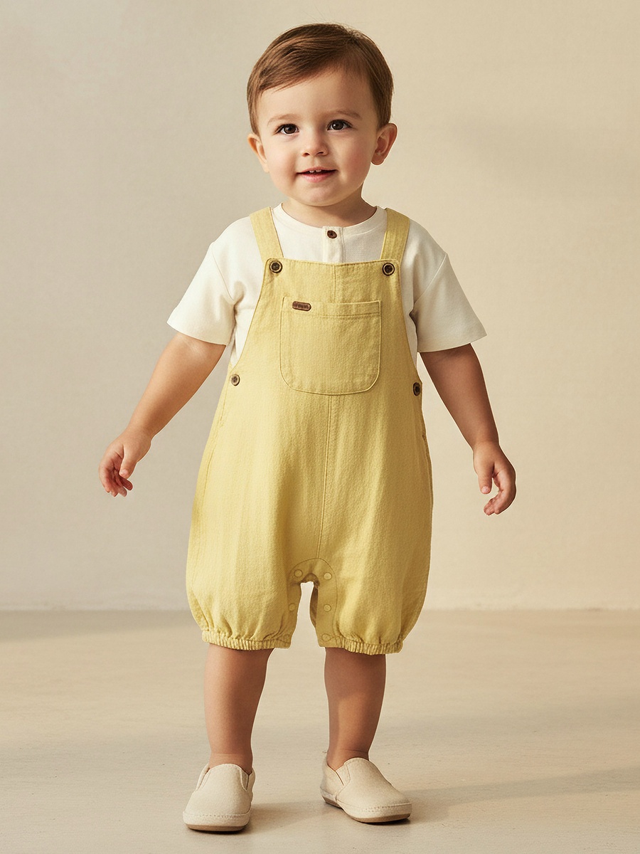 Henley Neck Short Sleeves T-Shirt and Dungaree Set with Chest Pocket
