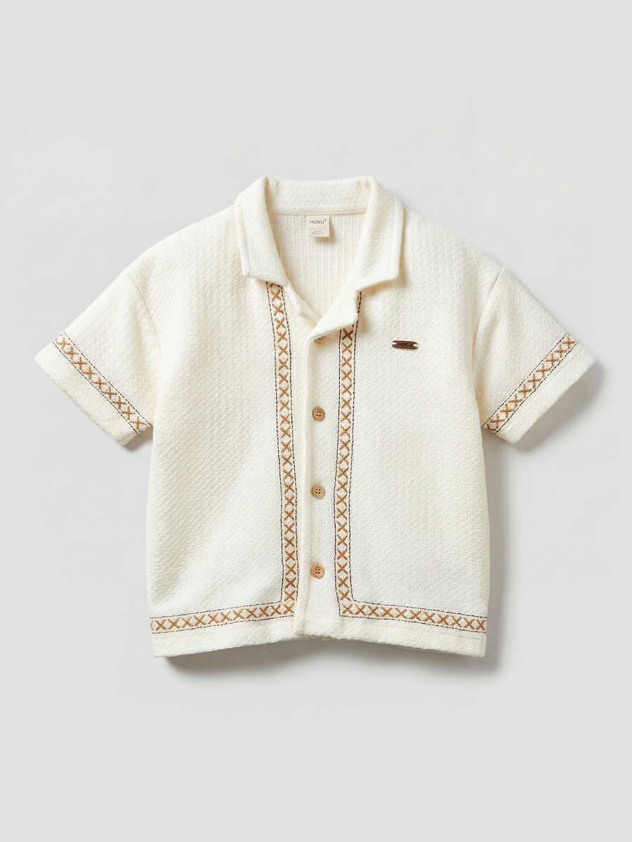 Cotton Short Sleeve Shirt and Shorts Set with Embroidered Detail