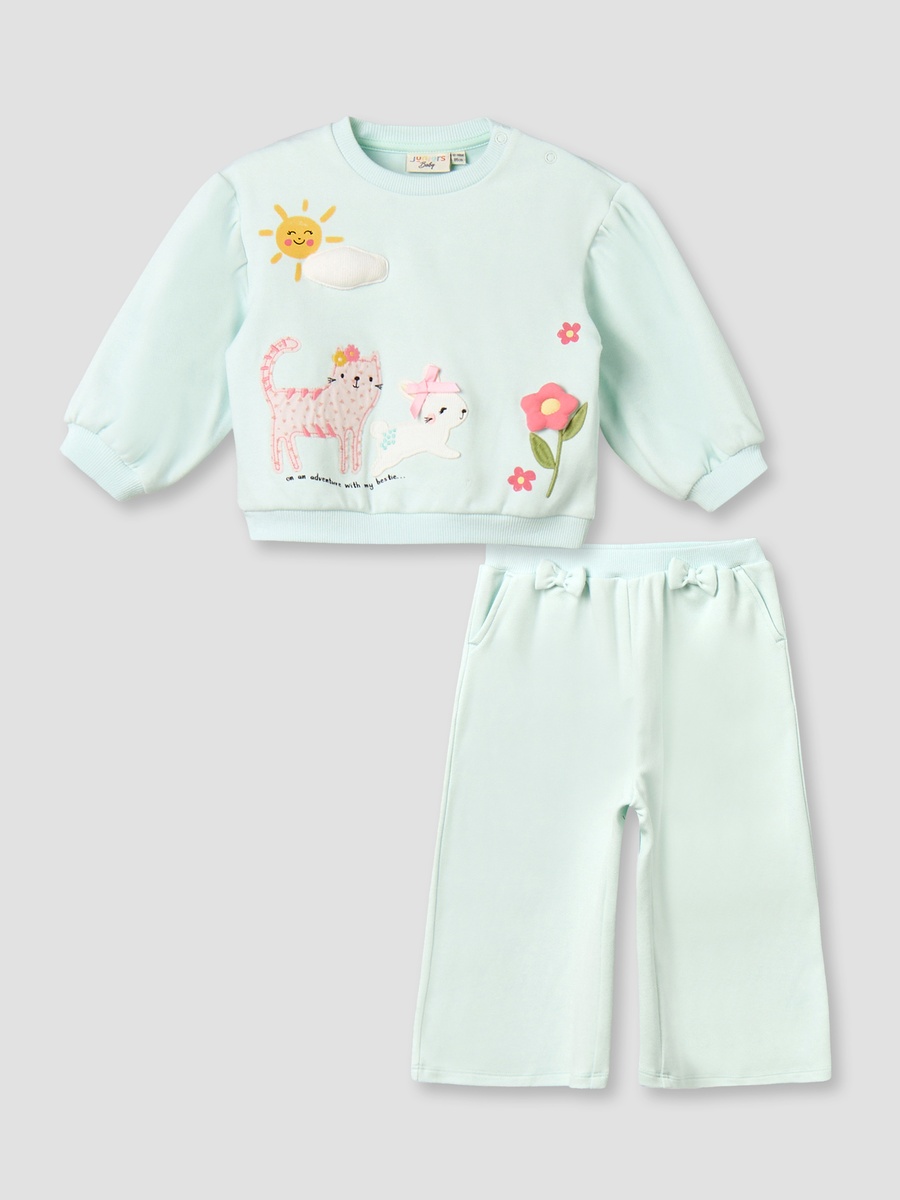 Crew Neck Long Sleeves Sweatshirt and Wide Leg Pants Set with Animal Applique