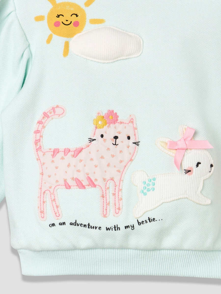 Crew Neck Long Sleeves Sweatshirt and Wide Leg Pants Set with Animal Applique